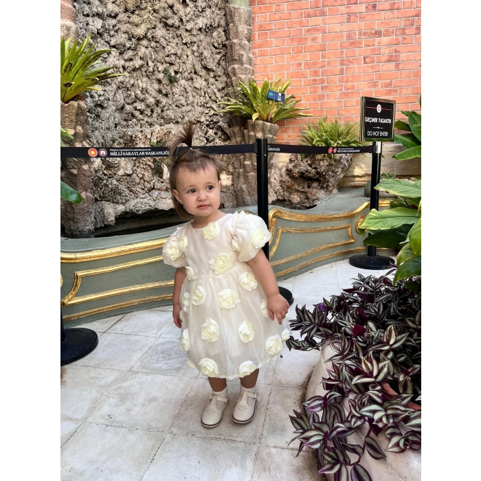 SİMA GÜLLÜ KIZ BEBEK ELBİSE - KREM (SARI)