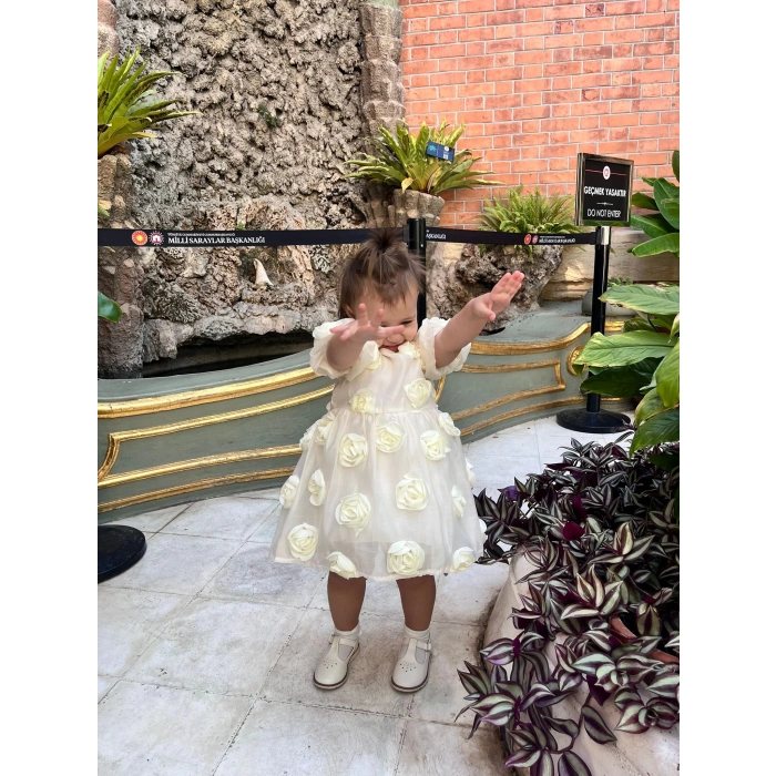 SİMA GÜLLÜ KIZ BEBEK ELBİSE - KREM (SARI)