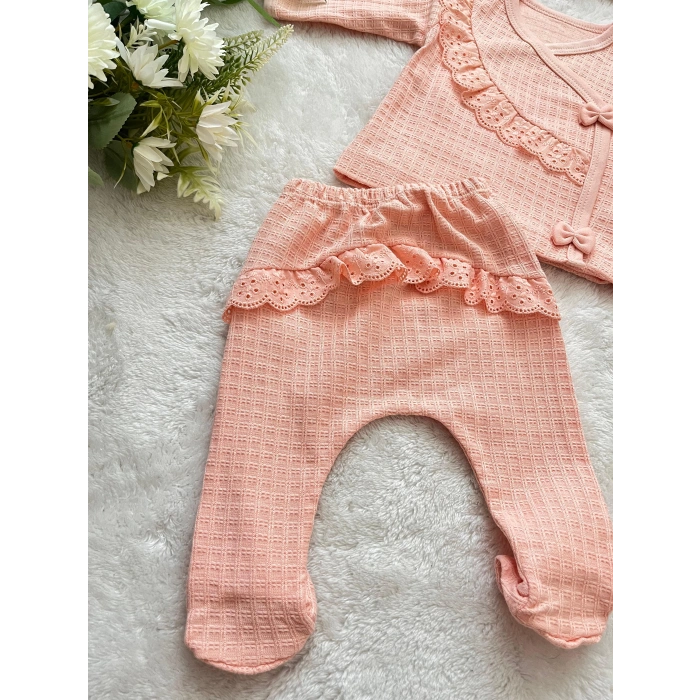 WAFFLE KUMAŞ DANTELLİ KIZ BEBEK 5Lİ HASTANE ÇIKIŞI SETİ