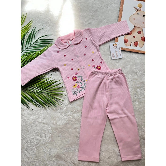 YAKA DETAYLI KABARTMA ÇİÇEK BASKILI BEBEK TAKIM