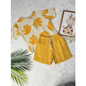 GABRİEL SARI YAPRAK DESENLİ MUSLİN ŞORTLU TAKIM