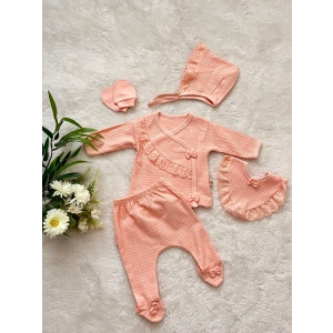 WAFFLE KUMAŞ DANTELLİ KIZ BEBEK 5Lİ HASTANE ÇIKIŞI SETİ