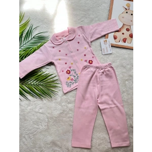 YAKA DETAYLI KABARTMA ÇİÇEK BASKILI BEBEK TAKIM