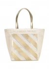 Victorias Secret Vs Krem Gold Çizgi Desenli Kanvas Tote Omuz Çantası Altın