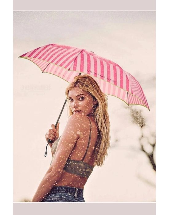 Victorias Secret Kompakt Katlanır Pembe ve Beyaz Çizgili Şemsiye