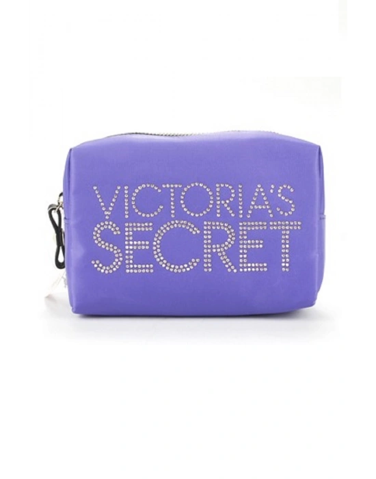 Victorias Secret Mor Renk Işıltılı Logo Baskılı Küçük Boy Kumaş Makyaj Çantası