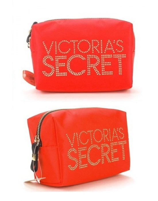 Victorias Secret Işıltılı Logo Baskılı Turuncu Renk Kumaş Makyaj Çantası Küçük Boy