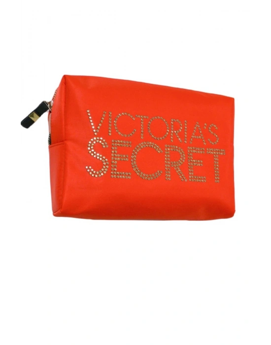 Victorias Secret Işıltılı Logo Baskılı Turuncu Renk Kumaş Makyaj Çantası Küçük Boy