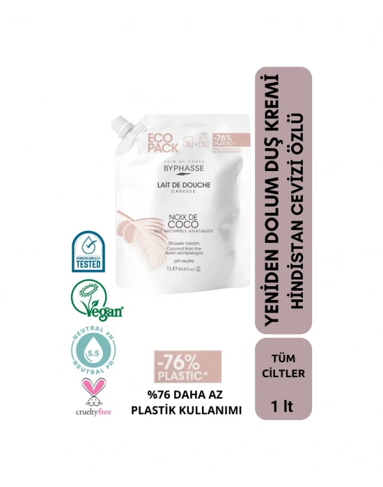 Byphasse Caresse Hindistan Cevizi Özlü Kremli Duş Jeli Ekonomik Yeniden Dolum Paketi 1 L