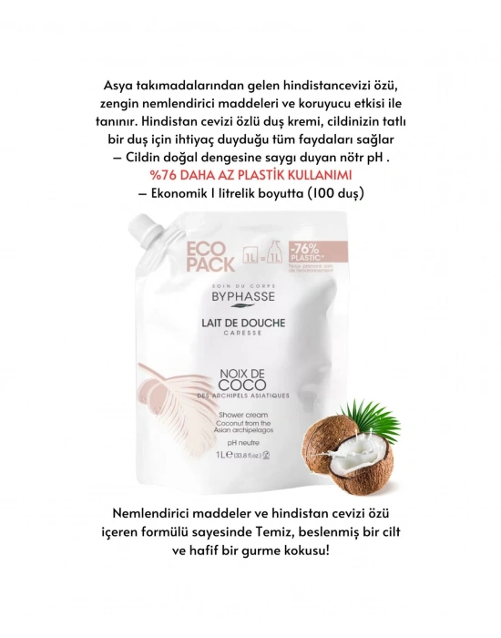 Byphasse Caresse Hindistan Cevizi Özlü Kremli Duş Jeli Ekonomik Yeniden Dolum Paketi 1 L