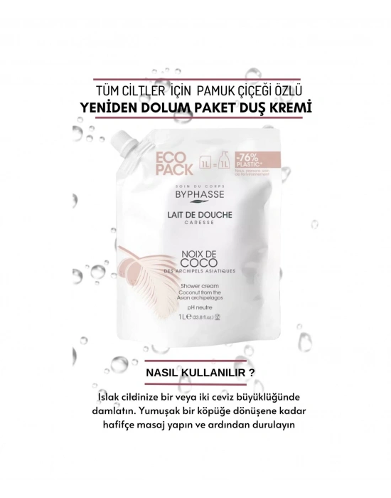 Byphasse Caresse Hindistan Cevizi Özlü Kremli Duş Jeli Ekonomik Yeniden Dolum Paketi 1 L