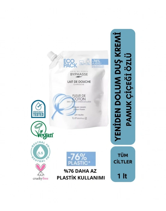 Byphasse Caresse Pamuk Çiçeği Özlü Kremli Duş Jeli Ekonomik Yeniden Dolum Paketi 1 L