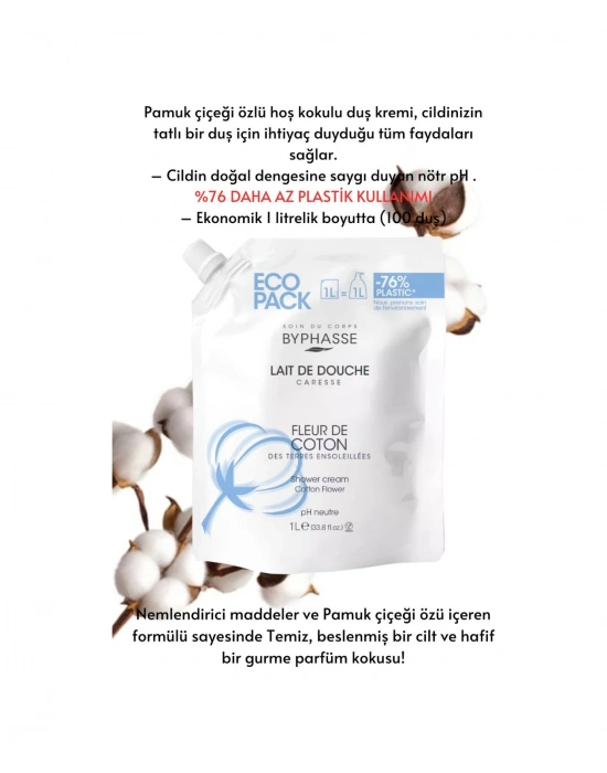 Byphasse Caresse Pamuk Çiçeği Özlü Kremli Duş Jeli Ekonomik Yeniden Dolum Paketi 1 L