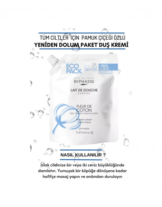 Byphasse Caresse Pamuk Çiçeği Özlü Kremli Duş Jeli Ekonomik Yeniden Dolum Paketi 1 L
