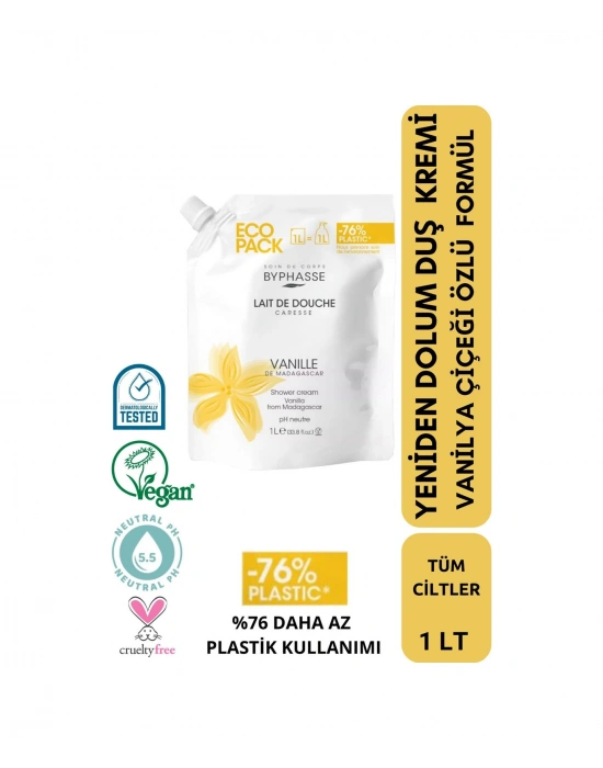 Byphasse Caresse Vanilya Çiçeği Özlü Kremli Duş Jeli Ekonomik Yeniden Dolum Paketi 1 L