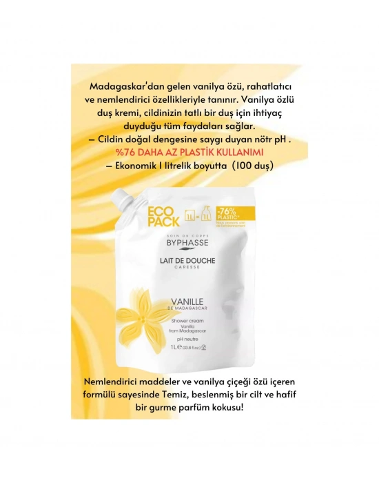 Byphasse Caresse Vanilya Çiçeği Özlü Kremli Duş Jeli Ekonomik Yeniden Dolum Paketi 1 L