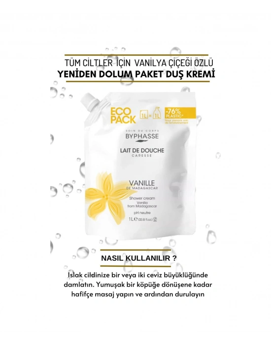 Byphasse Caresse Vanilya Çiçeği Özlü Kremli Duş Jeli Ekonomik Yeniden Dolum Paketi 1 L