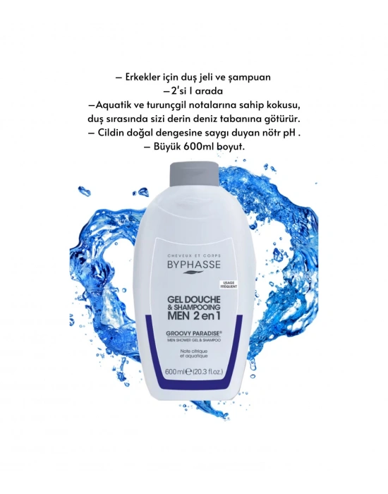 Byphasse Erkekler İçin 2 İn 1 Duş Jeli & Şampuan Grovy Paradise For Men 600 ML