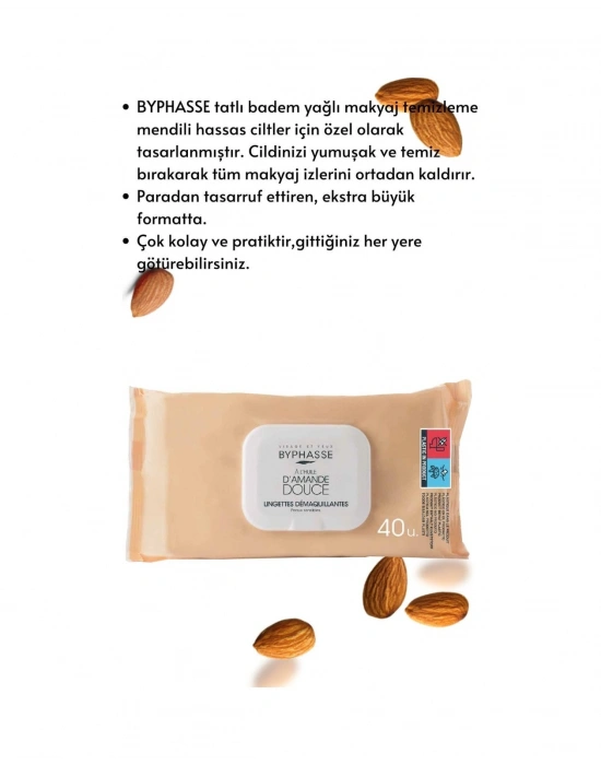 Byphasse Tatlı Badem Yağlı Makyaj Temizleme Mendili Hassas Ciltler 40lı