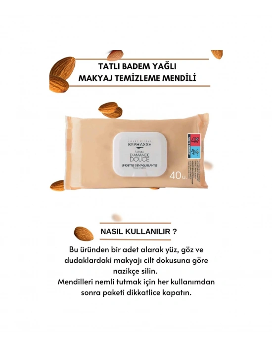Byphasse Tatlı Badem Yağlı Makyaj Temizleme Mendili Hassas Ciltler 40lı