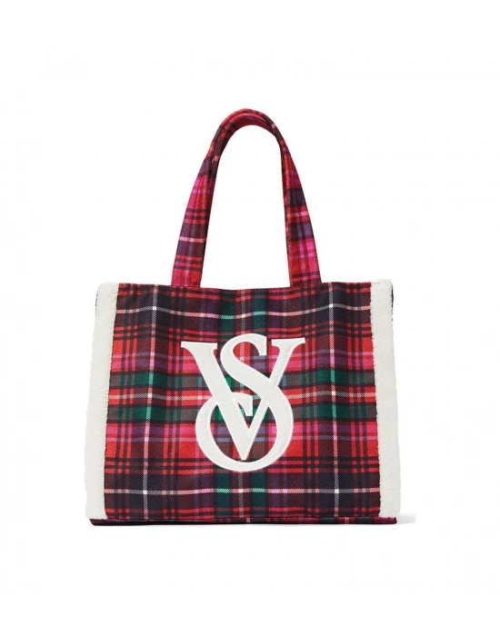 Victorias Secret Kenarları Polarlı Ekoseli Tote Çanta Kırmızı