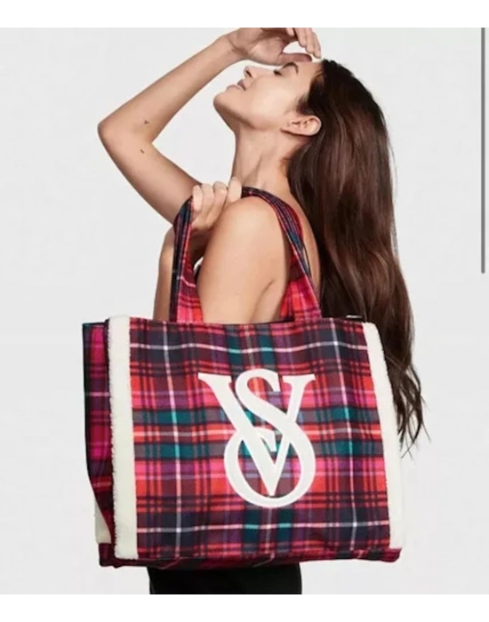 Victorias Secret Kenarları Polarlı Ekoseli Tote Çanta Kırmızı