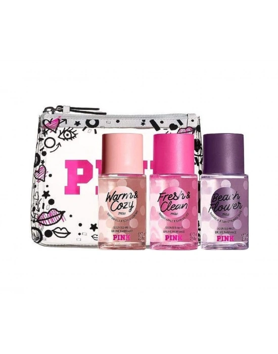 Victorias Secret Pink Beach Flower + Fresh&Clean + Warm&Cozy Vücut Spreyi 3 x 75 ML