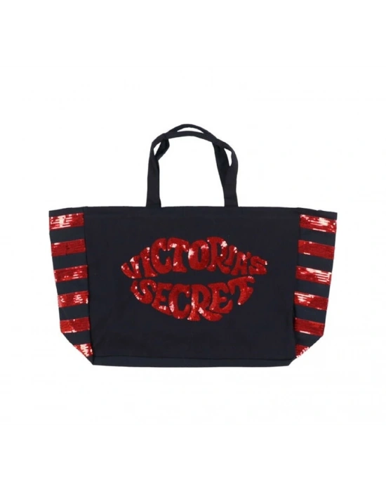 Victorias Secret Pullu Payet Işlemeli Kadın Plaj Çantası Siyah - Kırmızı