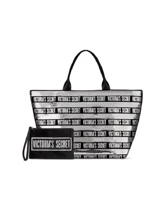 Victorias Secret Vs Gümüş Pullu Payet İşlemeli Carryall Tote & Mini Clutch Set Gümüş - Siyah