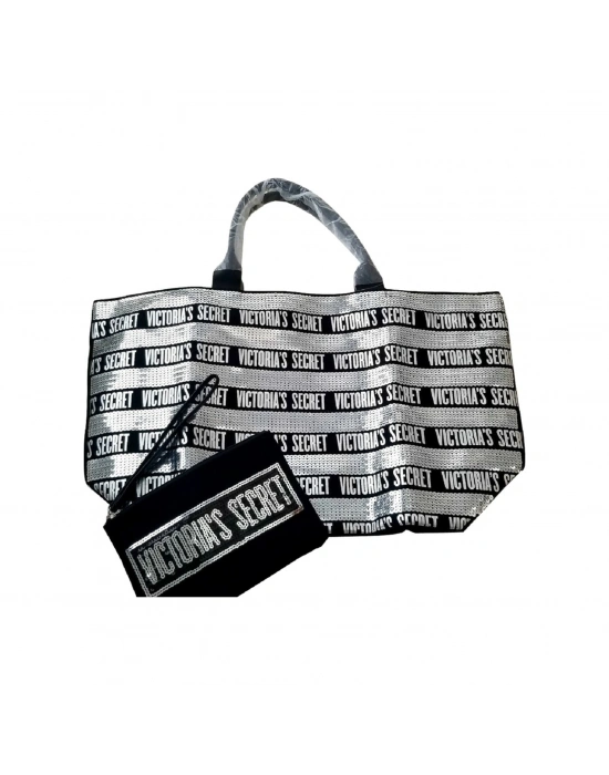 Victorias Secret Vs Gümüş Pullu Payet İşlemeli Carryall Tote & Mini Clutch Set Gümüş - Siyah