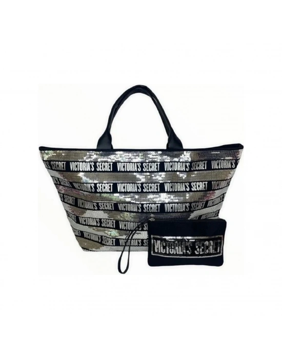 Victorias Secret Vs Gümüş Pullu Payet İşlemeli Carryall Tote & Mini Clutch Set Gümüş - Siyah