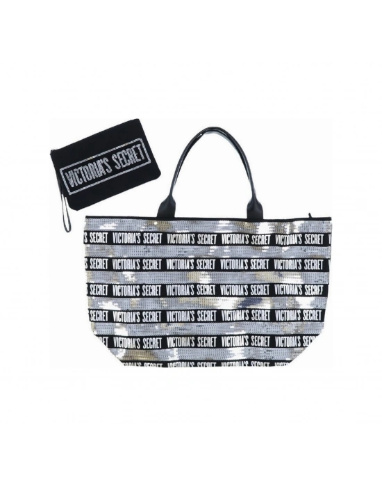 Victorias Secret Vs Gümüş Pullu Payet İşlemeli Carryall Tote & Mini Clutch Set Gümüş - Siyah