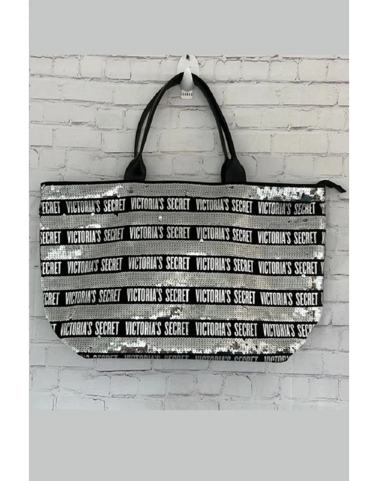 Victorias Secret Vs Gümüş Pullu Payet İşlemeli Carryall Tote & Mini Clutch Set Gümüş - Siyah