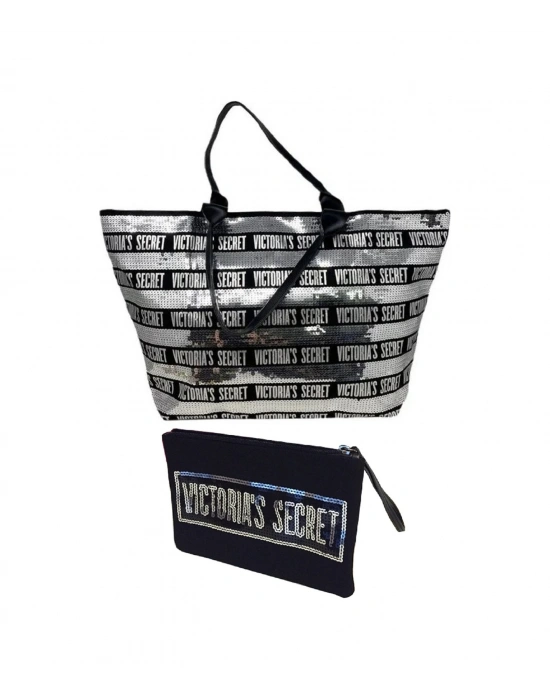 Victorias Secret Vs Gümüş Pullu Payet İşlemeli Carryall Tote & Mini Clutch Set Gümüş - Siyah