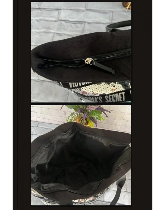 Victorias Secret Vs Gümüş Pullu Payet İşlemeli Carryall Tote & Mini Clutch Set Gümüş - Siyah