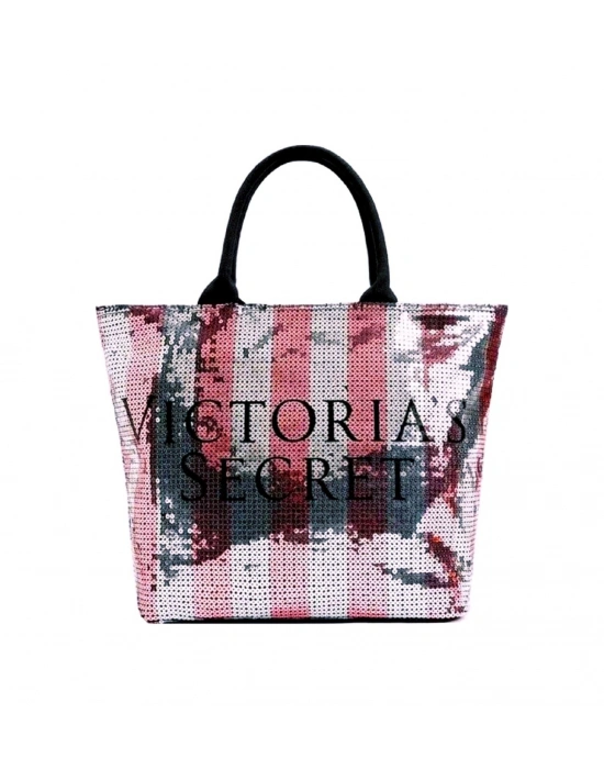 Victorias Secret Vs İkonik Desen Pembe Gümüş Pullu Payet İşlemeli Carryall Tote Pembe
