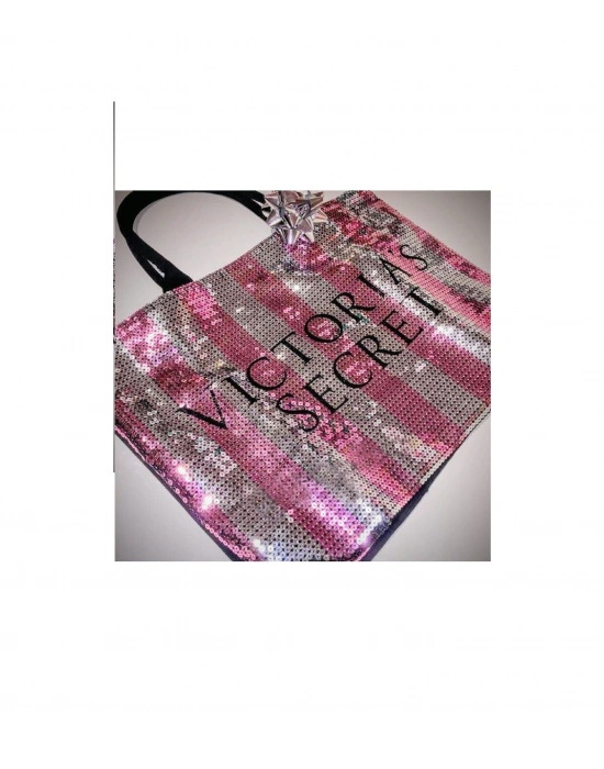 Victorias Secret Vs İkonik Desen Pembe Gümüş Pullu Payet İşlemeli Carryall Tote Pembe