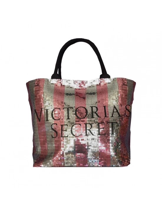Victorias Secret Vs İkonik Desen Pembe Gümüş Pullu Payet İşlemeli Carryall Tote Pembe