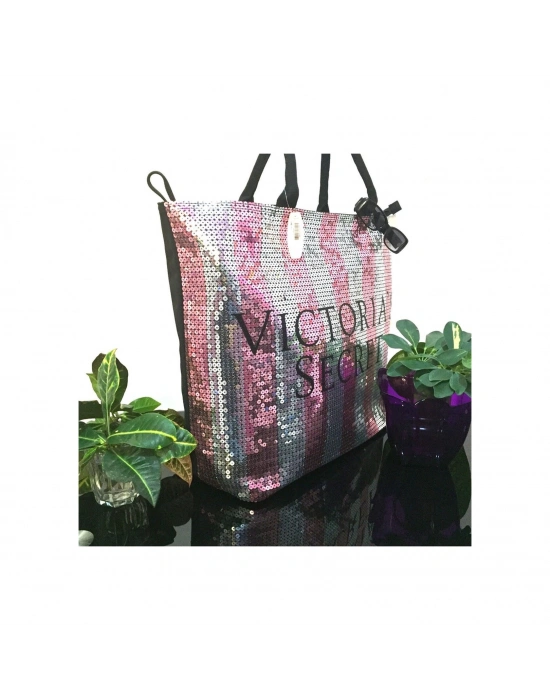 Victorias Secret Vs İkonik Desen Pembe Gümüş Pullu Payet İşlemeli Carryall Tote Pembe