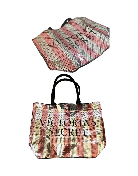 Victorias Secret Vs İkonik Desen Pembe Gümüş Pullu Payet İşlemeli Carryall Tote Pembe