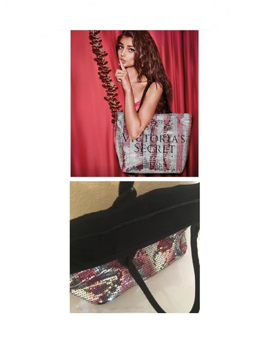 Victorias Secret Vs İkonik Desen Pembe Gümüş Pullu Payet İşlemeli Carryall Tote Pembe