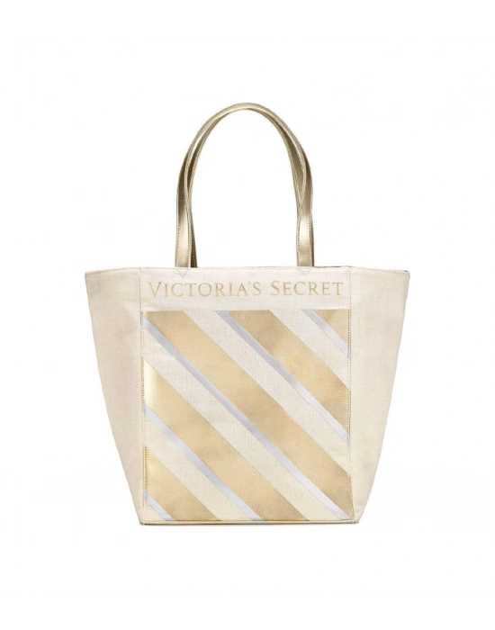 Victorias Secret Vs Krem Gold Çizgi Desenli Kanvas Tote Omuz Çantası Altın