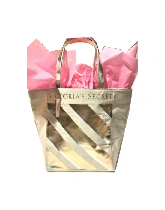 Victorias Secret Vs Krem Gold Çizgi Desenli Kanvas Tote Omuz Çantası Altın