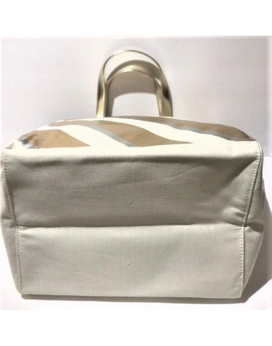 Victorias Secret Vs Krem Gold Çizgi Desenli Kanvas Tote Omuz Çantası Altın