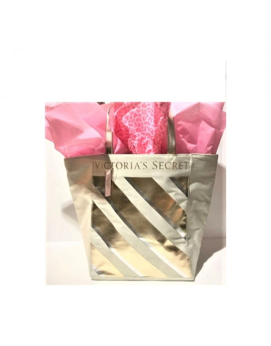 Victorias Secret Vs Krem Gold Çizgi Desenli Kanvas Tote Omuz Çantası Altın