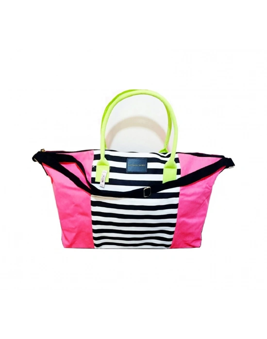 Victorias Secret Vs Nar Çiçeği Renk Çizgili Kanvas Tote Seyahat Çantası Çok Renkli
