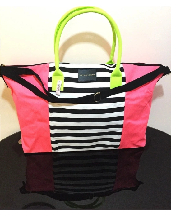 Victorias Secret Vs Nar Çiçeği Renk Çizgili Kanvas Tote Seyahat Çantası Çok Renkli