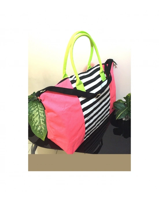 Victorias Secret Vs Nar Çiçeği Renk Çizgili Kanvas Tote Seyahat Çantası Çok Renkli