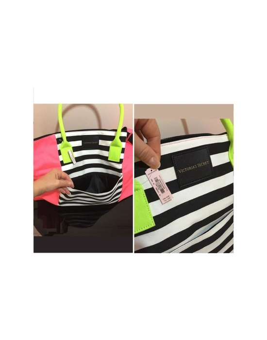 Victorias Secret Vs Nar Çiçeği Renk Çizgili Kanvas Tote Seyahat Çantası Çok Renkli