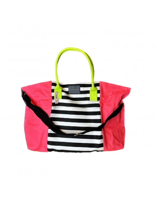 Victorias Secret Vs Nar Çiçeği Renk Çizgili Kanvas Tote Seyahat Çantası Çok Renkli